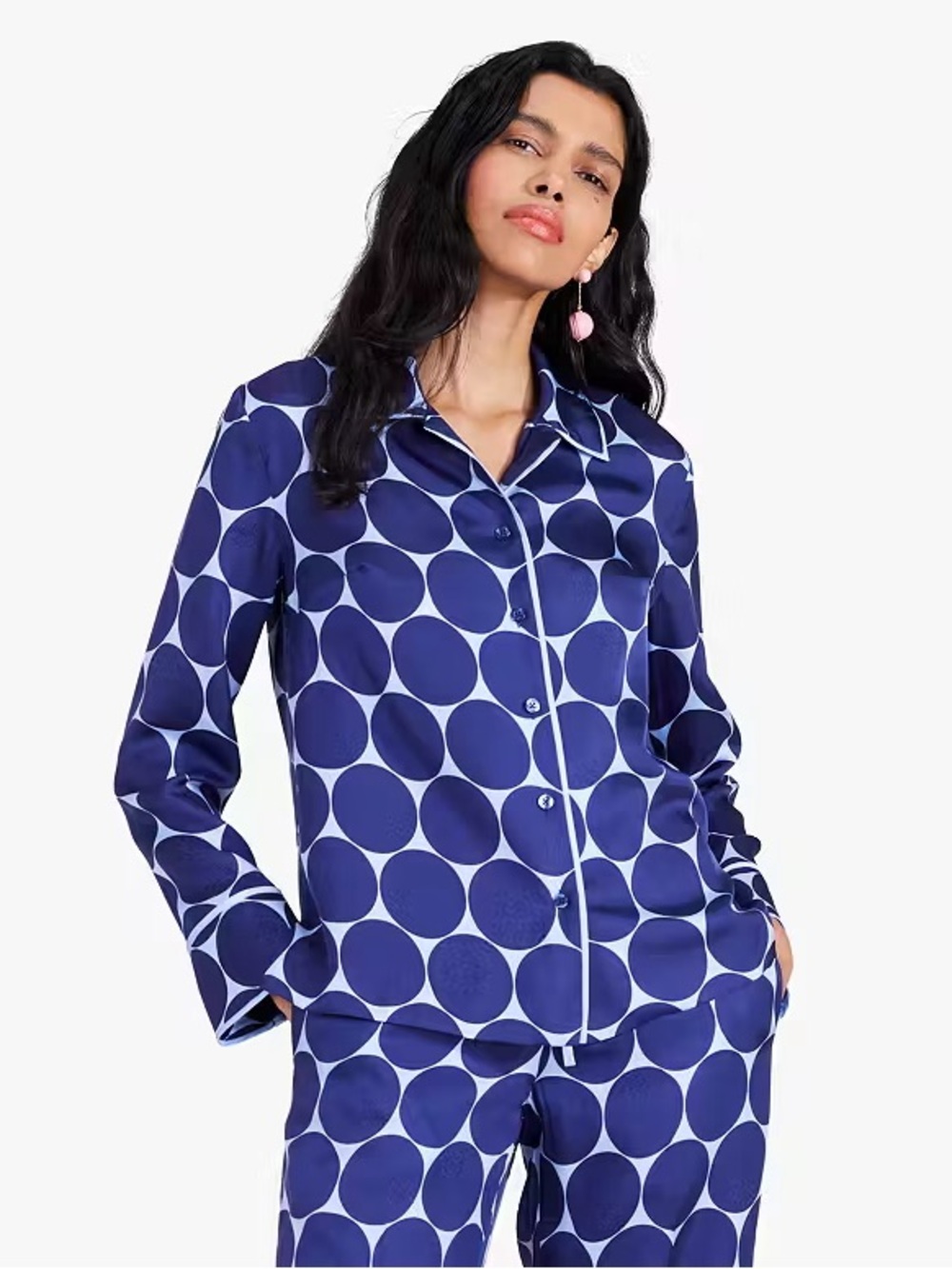 Kate Spade Joy Dot Silk Twill Shirt Size Medium Navy Blue/ Powder Blue